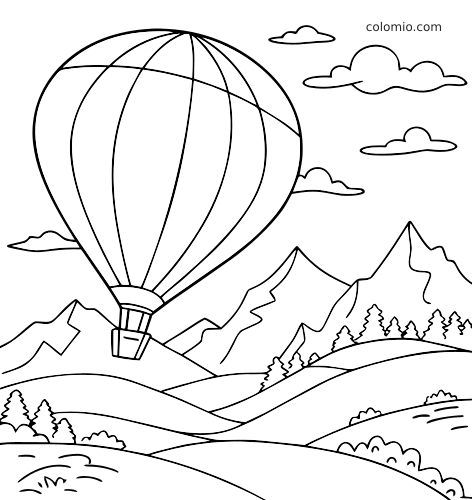 En detaljeret luftballon svæver over bjergtoppe, skyer, træer og bølgende bakker i et naturskønt stregmotiv.