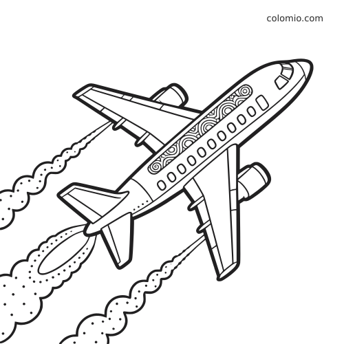 Um avião a jato detalhado sobe no céu, com janelas decoradas e rastros de fumaça grossos em um desenho em preto e branco.