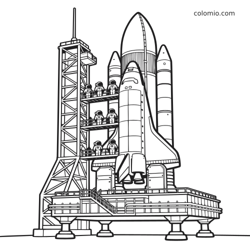 Um foguete detalhado na plataforma de lançamento, com astronautas embarcando por passarelas ao lado da torre de serviço.