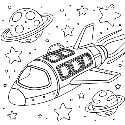 Uma nave espacial detalhada voa pelo espaço, cercada por estrelas e planetas com anéis em um desenho em preto e branco.