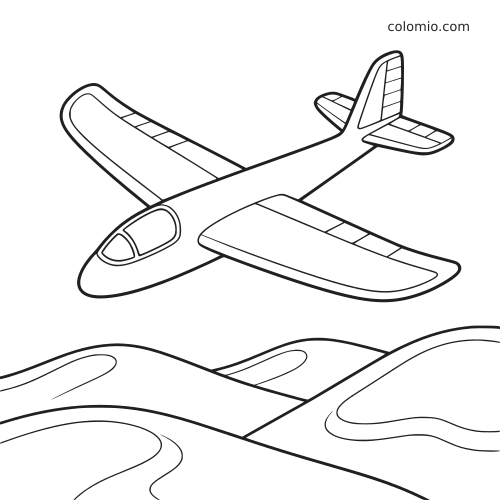 Desenho de contorno simples de um planador voando sobre colinas onduladas, visto de cima em ângulo.