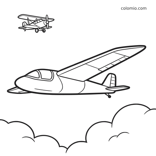 Desenho em linhas de um planador voando no céu, rebocado por um avião pequeno acima, com nuvens na parte inferior.