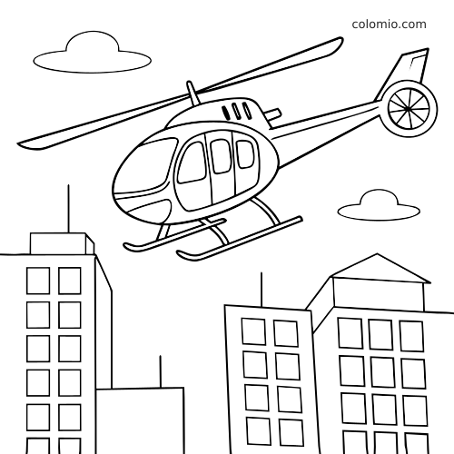Helikopter lecący nad miejskimi budynkami i chmurami w prostym czarno-białym konturze kolorowanki.