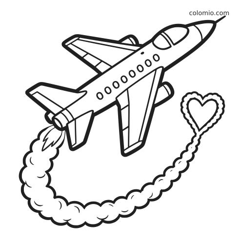 Um avião a jato em estilo simples sobe no ar, deixando um rastro de fumaça curvo que forma um coração.