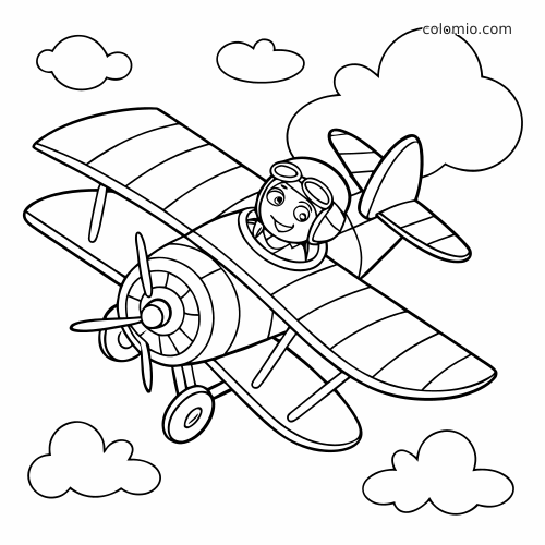 Um avião biplano em estilo simples com um piloto sorridente voando entre nuvens grandes, fácil de colorir.