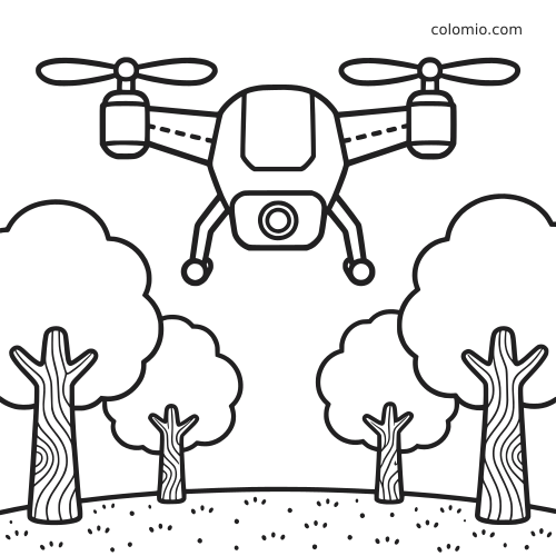 Um drone quadricóptero simples visto de frente paira acima de várias árvores arredondadas em um parque, em contorno preto e branco.