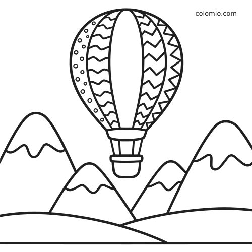 Um balão de ar quente com listras e padrões flutua sobre montanhas arredondadas e colinas em um desenho de contorno simples.