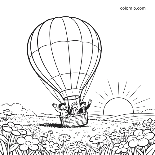 Desenho em traços simples de um balão de ar quente pousando em um campo florido ao nascer do sol, com três pessoas acenando no cesto.