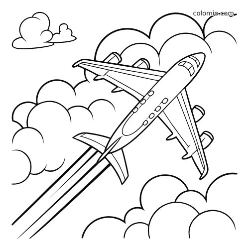 Um avião a jato simples sobe entre grandes nuvens, com longos rastros, em contorno preto e branco.