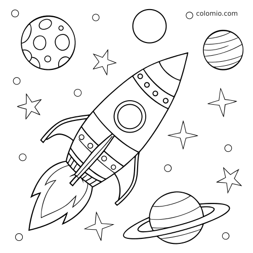 Um foguete simples voando pelo espaço sideral, com estrelas e planetas ao redor, em contorno preto e branco.