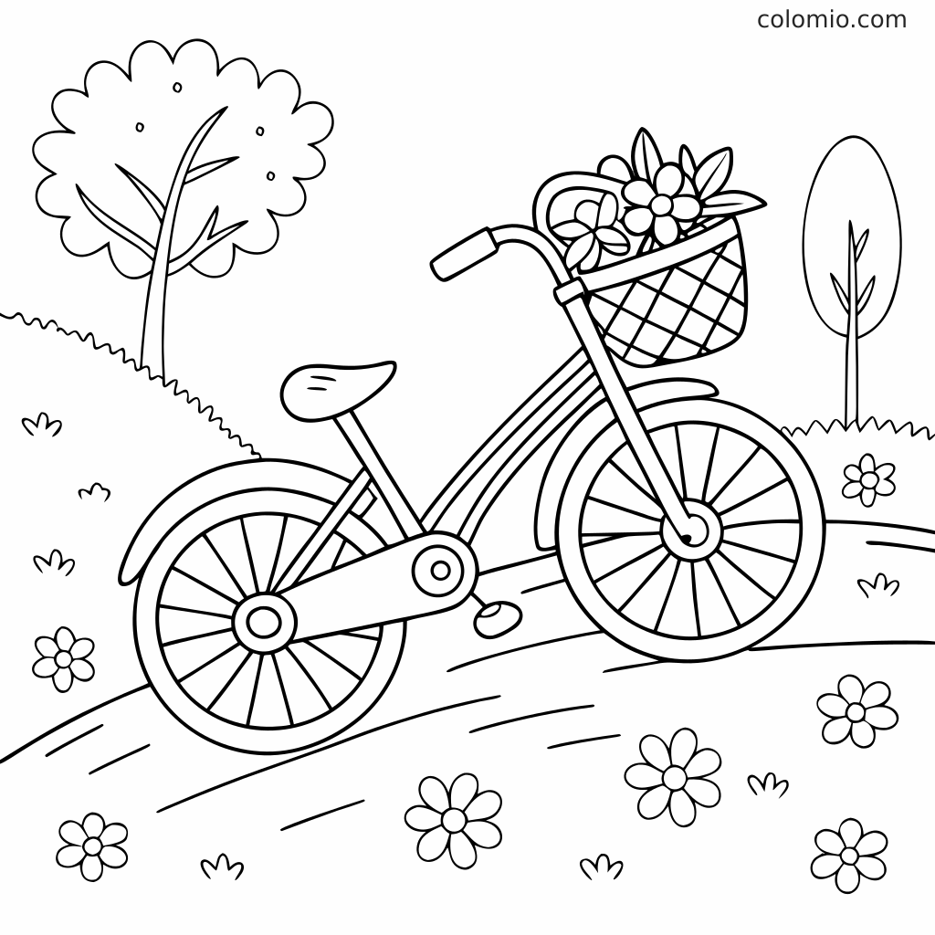 En cykel på en snoet sti med en frontkurv fyldt med blomster, omgivet af træer, græs og enkle blomster.