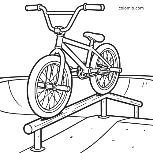 Lähikuvassa BMX-pyörä liukumassa kaiteella skeittipuistossa, näkyvissä tapit, paksut renkaat ja taustalla ramppeja.