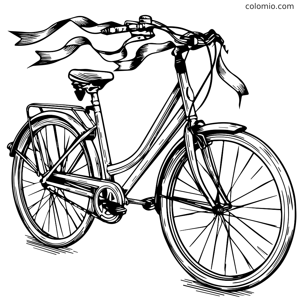 Yksityiskohtainen viivapiirros klassisesta pyörästä, jossa on nauhoja ohjaustangossa, täydellinen väritettäväksi.