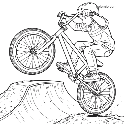 Yksityiskohtainen viivapiirros kypäräpäisestä lapsesta tekemässä BMX-hyppyä maadyykan yli polkupyörällä.