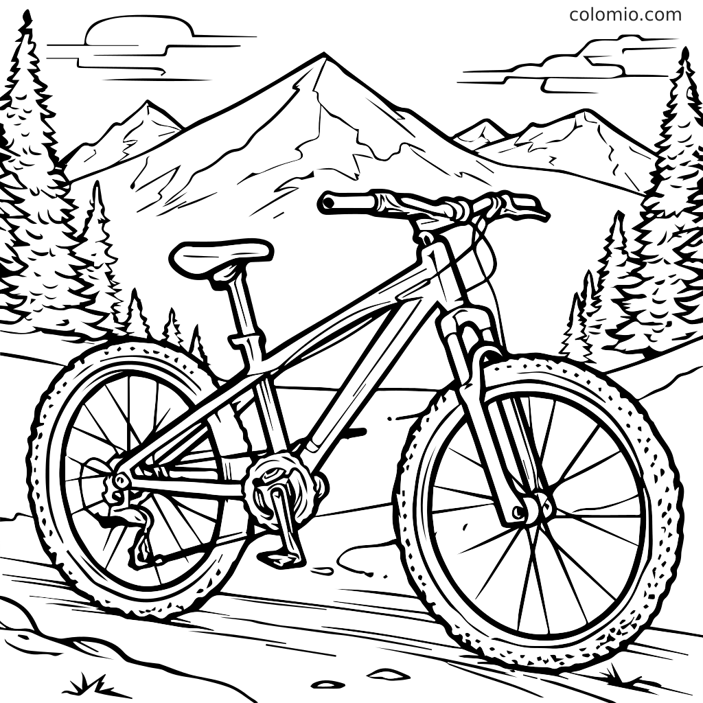 Een gedetailleerde kleurplaat met een mountainbike in een schilderachtig landschap met bergen en bomen.