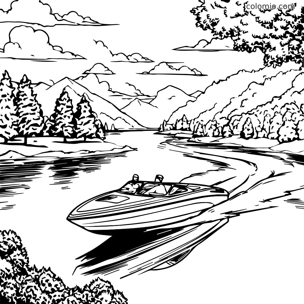 Kleurplaat met een boot die over een meer vaart, omringd door bergen en bomen.
