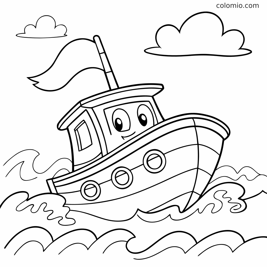 Un bateau cartoon avec un drapeau et des hublots ronds navigue sur les vagues de l’océan, avec des nuages dans le ciel au-dessus.