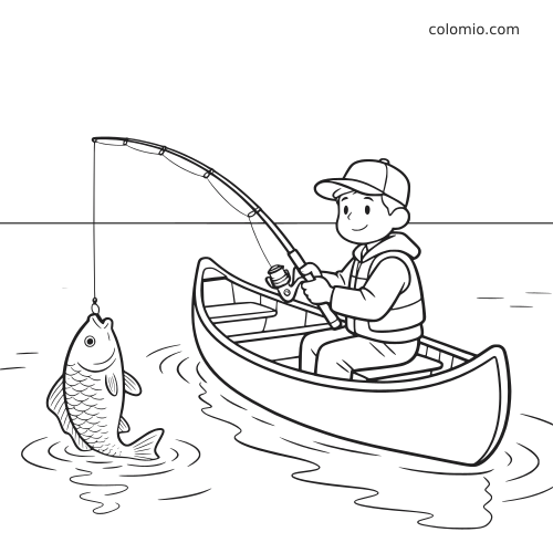 Een jongen vist vanuit een kano en haalt met zijn hengel een grote vis uit rustig water.