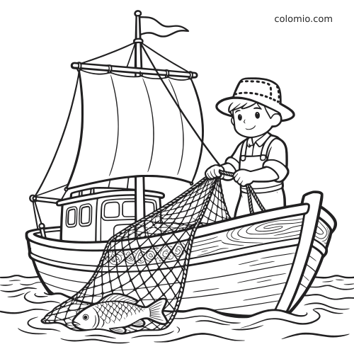 Cartoonachtige vissersboot op zee met een glimlachende visser die een net vol vissen binnenhaalt naast een zeil en kajuit.