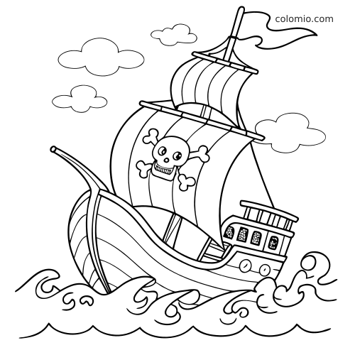 Een getekend piratenschip met een doodshoofd op het zeil vaart over hoge golven onder eenvoudige wolken.