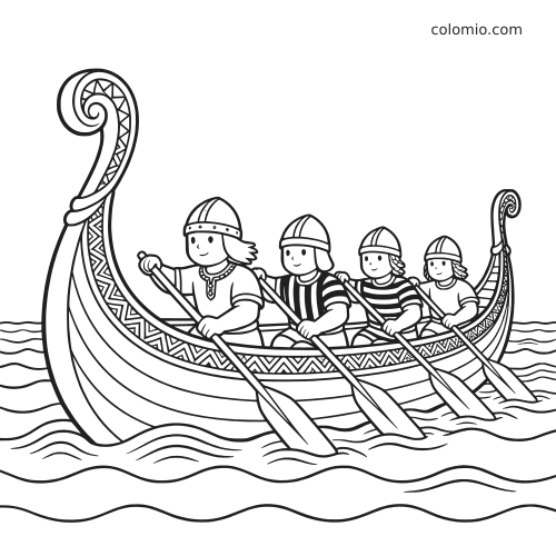 Zwart-witte tekening van een Vikinglangschip op golvende zee met vier roeiers en sierlijk gekrulde boeg en achtersteven.