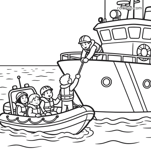 Zwart-witte kleurplaat van de kustwacht die mensen uit een kleine reddingsboot aan boord van een reddingsschip helpt.
