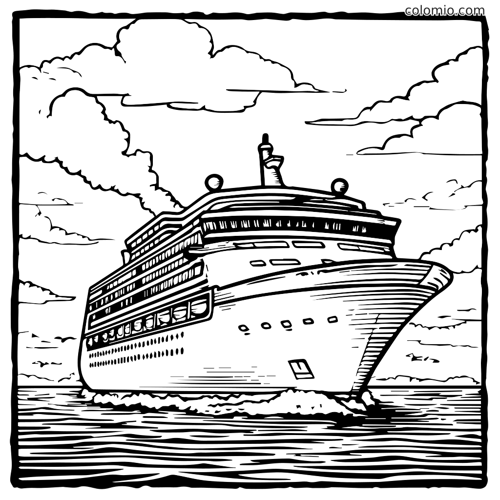 A detailed coloring page featuring a large cruise ship sailing on the ocean with clouds in the sky.