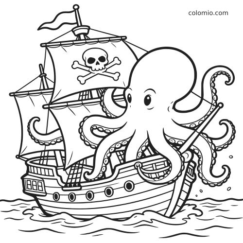 Een cartoonkraken slaat zijn tentakels om een piratenschip met doodskop op het zeil, varend op zee in zwart-wit.