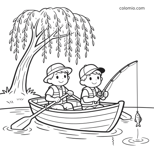 Twee kinderen zitten in een roeiboot en vissen onder een treurwilg, getekend als eenvoudige cartoon-lijntekening.