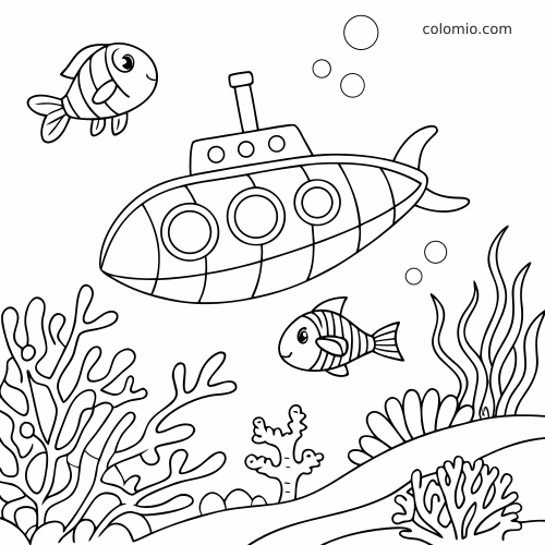 Een eenvoudige onderzeeër onder water met twee gestreepte vissen, luchtbellen, koraal en waterplanten in lijntekening.
