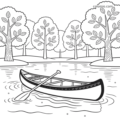 Een versierde kano drijft op een rustig meer, omringd door bomen, in een eenvoudige zwart-witte lijntekening.