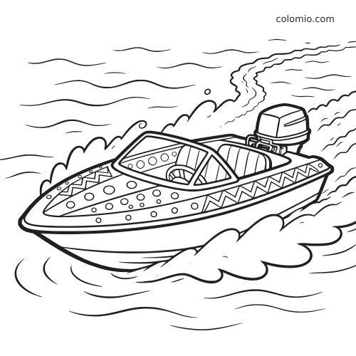 Een versierde speedboot met zigzagpatronen vaart snel over het water en laat een schuimende hekgolf achter.