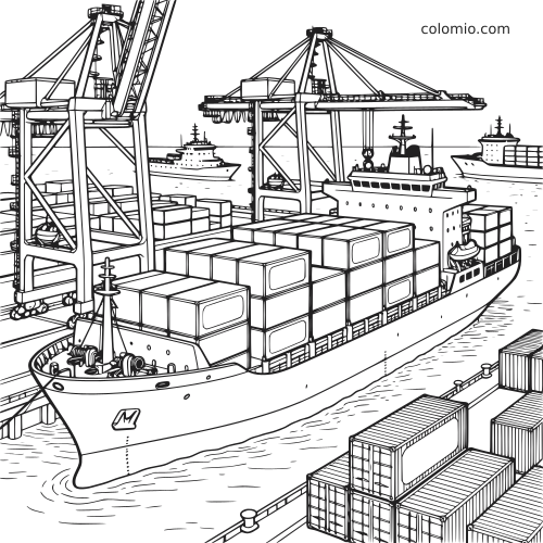Gedetailleerde lijntekening van een containerschip in een drukke haven met hoge kranen, gestapelde containers en andere schepen op de achtergrond.