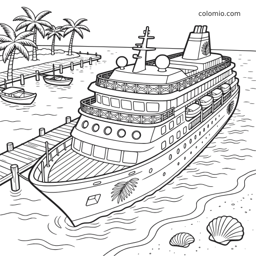 Een gedetailleerd cruiseschip ligt aan een tropische haven met palmbomen, kleine bootjes, een steiger en schelpen op het strand.