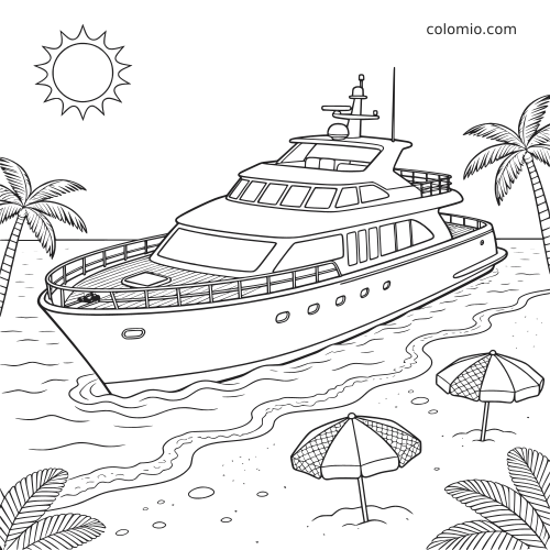 Een gedetailleerd luxe jacht ligt naast een zonnig strand met palmbomen, parasols en zachte golven in strakke lijntekening.