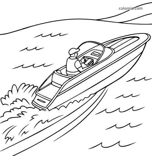 Een speedboot met zichtbare bestuurder vaart snel over het water en laat een lange, gebogen hekgolf achter in lijntekening.