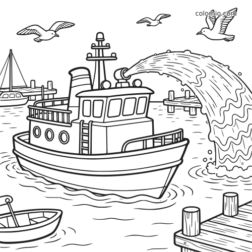 Zwart-witte lijntekening van een brandweerboot die een grote boog water spuit in een haven met steigers, kleine boten en meeuwen.