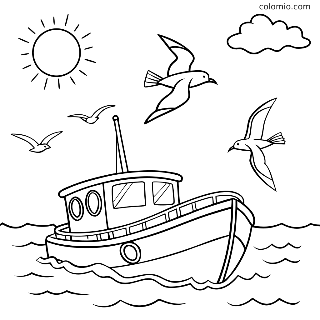 Un bateau de pêche flotte sur les vagues de l’océan, avec plusieurs mouettes qui volent au-dessus. On voit aussi un soleil et un nuage dans le ciel.