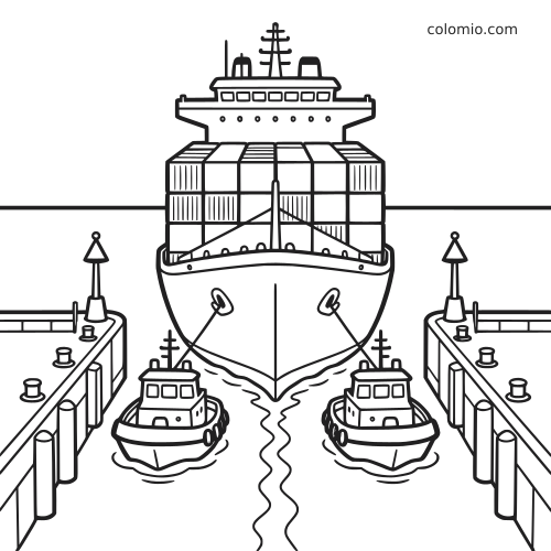 Zwart-witte kleurplaat van een containerschip van voren, begeleid door twee sleepboten tussen havenpieren.