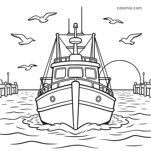 Vooraanzicht van een vissersboot die bij zonsopgang de haven binnenvaart, met meeuwen erboven en steigers aan beide kanten.