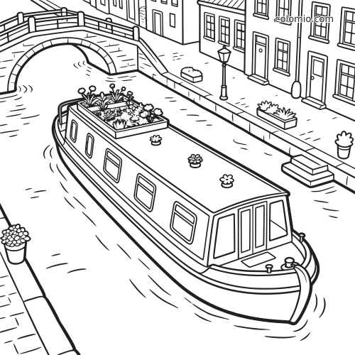 Een woonboot met een daktuin vaart door een gracht, met een brug, stoep en huizen langs het water.