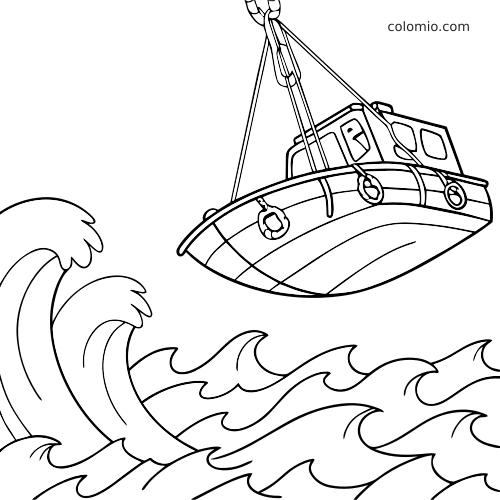 Een reddingsboot hangt aan touwen boven ruwe golven in een eenvoudige zwart-witte lijntekening.