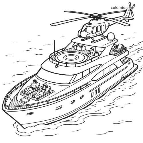 Zwart-witte lijntekening van een luxe jacht op zee met een helikopter op het bovendek en mensen die zonnen aan boord.