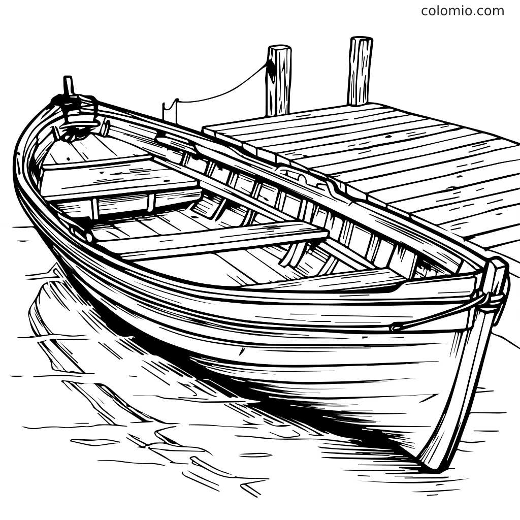 Un contour noir et blanc d'un bateau amarré à un quai en bois, parfait pour colorier.