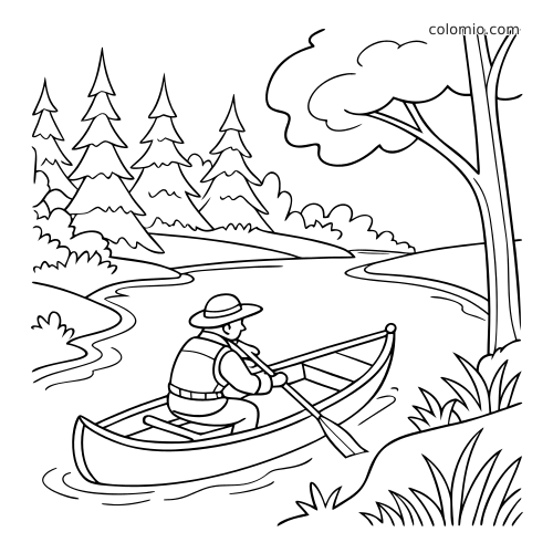 Een persoon roeit in een kano op een kalm meer, omringd door bomen, struiken en gras in een eenvoudige zwart-witte scène.