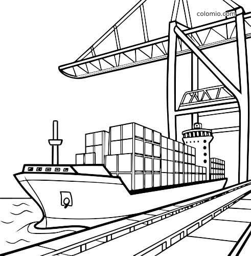 Eenvoudige lijntekening van een containerschip aan de kade naast een grote havenkraan, met gestapelde containers.