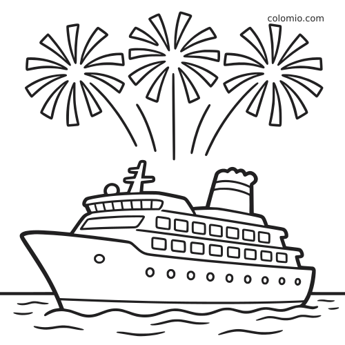 Eenvoudige lijntekening van een cruiseschip op golven met groot vuurwerk erboven tijdens oudejaarsavond.
