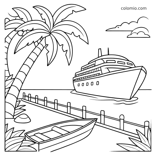 Een eenvoudig cruiseschip bij een tropische haven met een grote palmboom, steiger, roeiboot en rustige zee in duidelijke lijnen.