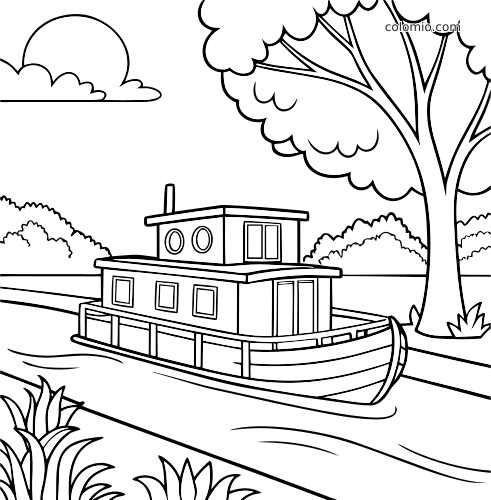 Een eenvoudige woonboot ligt aangemeerd aan een rustige rivieroever, met een grote boom, struiken en kalm water in lijntekening.