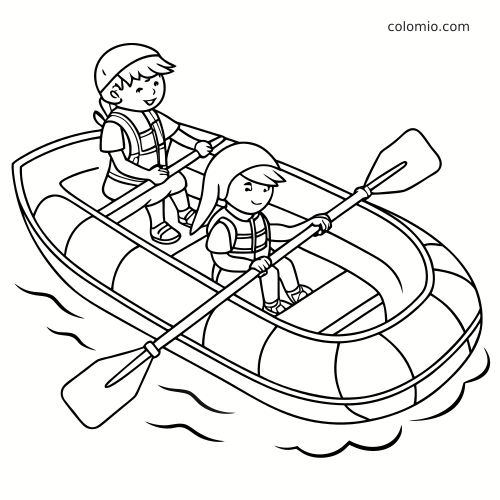 Twee kinderen met reddingsvesten peddelen in een eenvoudige rubberboot op het water, getekend in duidelijke lijntekening.